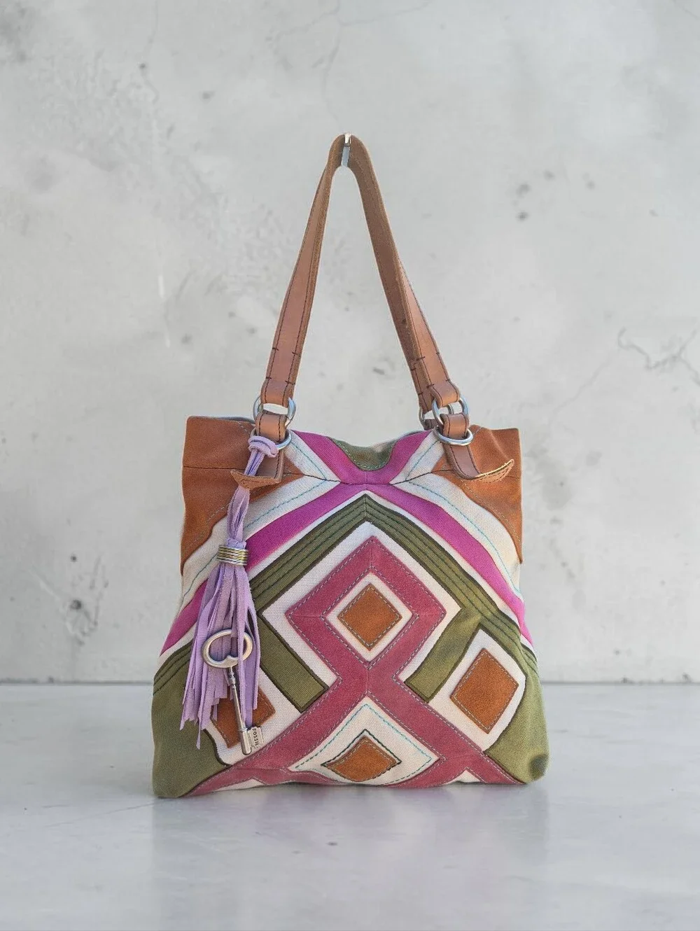 Fossil Vintage Jesse Suede & Canvas Embellished Patchwork Tote - Picture 2 of 10